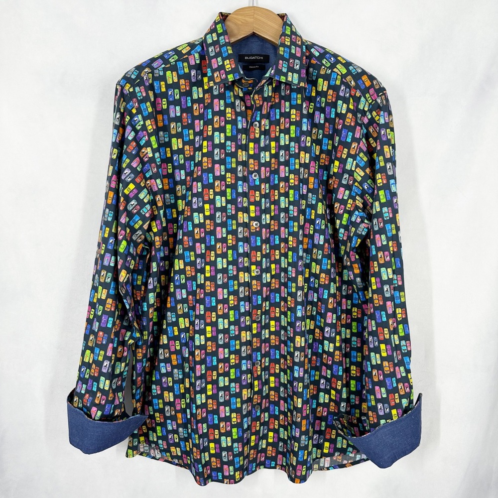 Bugatchi Cotton Long Sleeve Race Car Print Multicolor Shirt Men's‎ XL